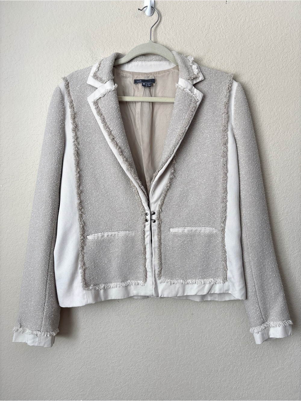 Vince Bouclé Frayed-Edge Fringed Twill Paneled Tweed Blazer Jacket